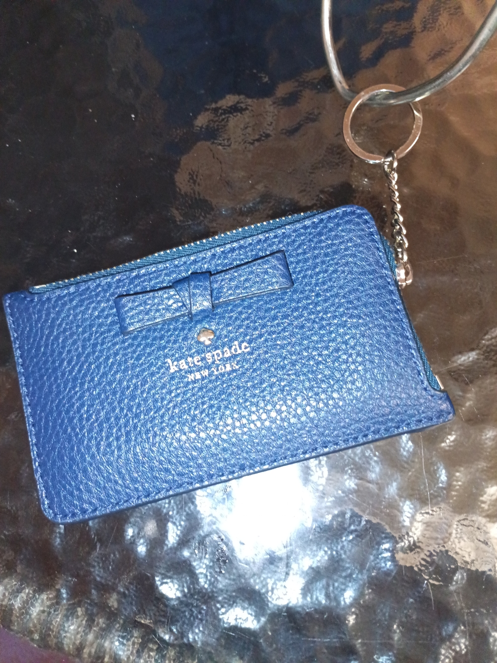 Kate Spade Blue Pebbled Leather Key Card Holder W/ Bow